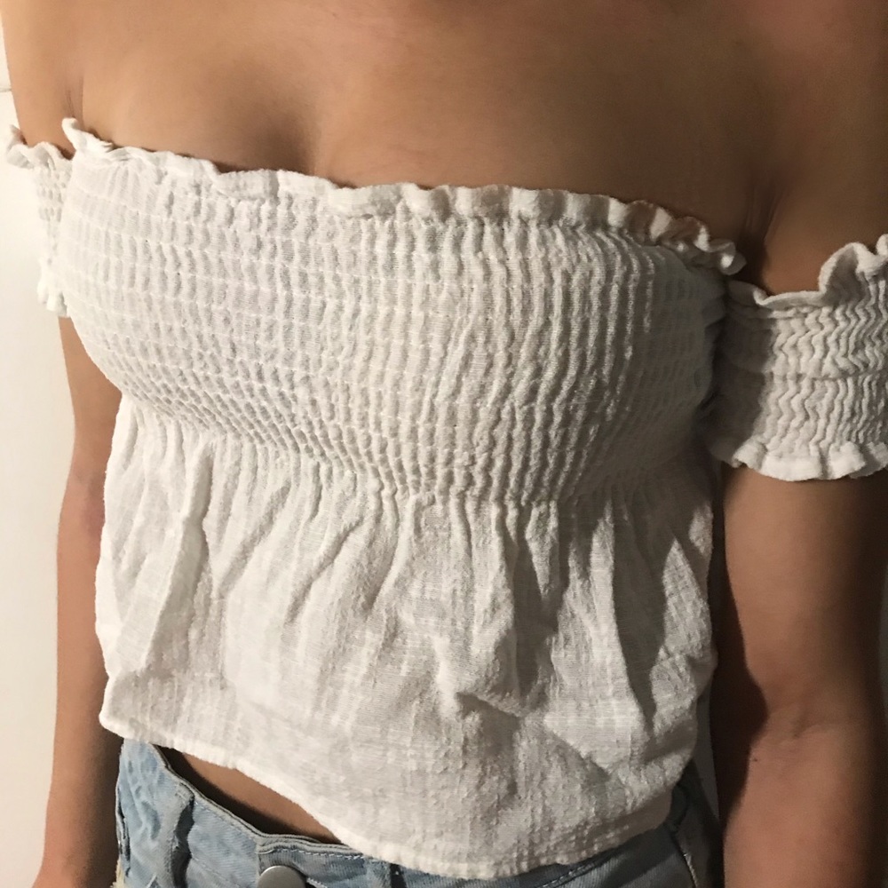 Dainty White Ruched Off-the-shoulder Peplum Tube Top [Brandy Melville]